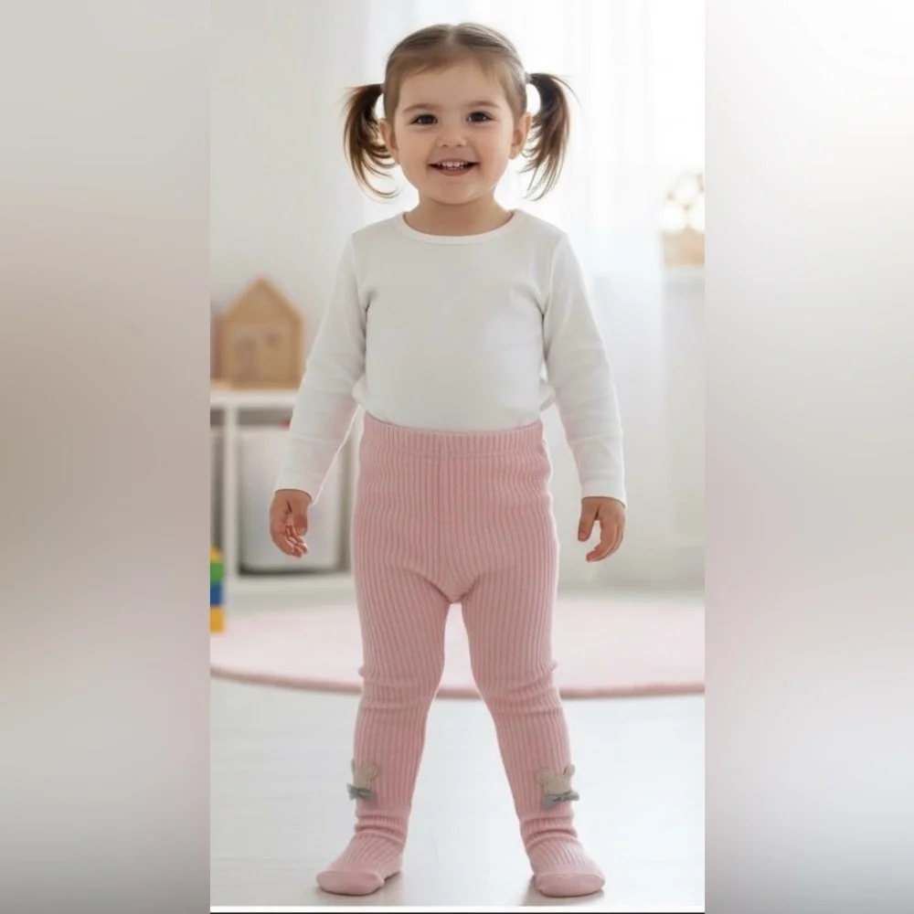 Pink braided pattern girls tights/pantyhose, teddy app on ankles, new, 3 yo
